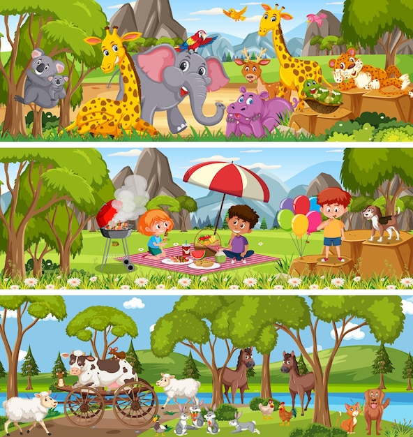 Different nature landscape at daytime scene with cartoon character