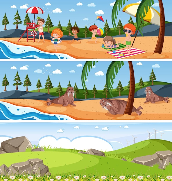 Different nature landscape scene set with cartoon character