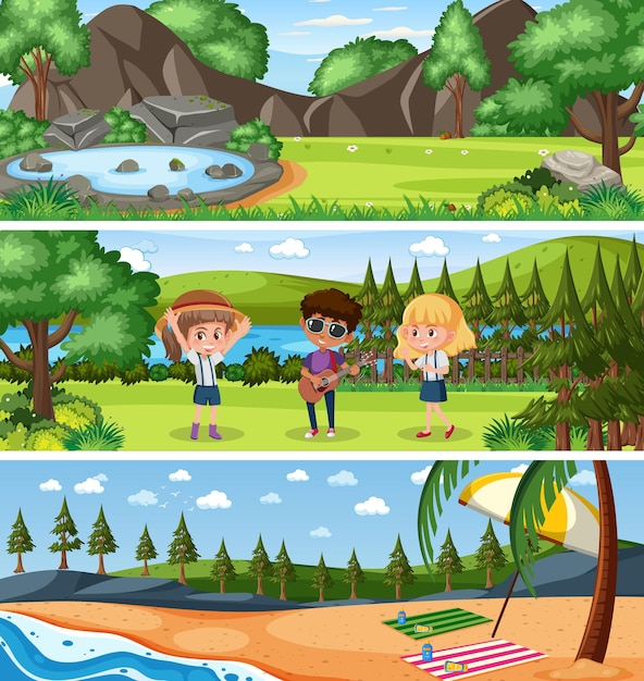 Scena di paesaggio di natura diversa con personaggio dei cartoni animati