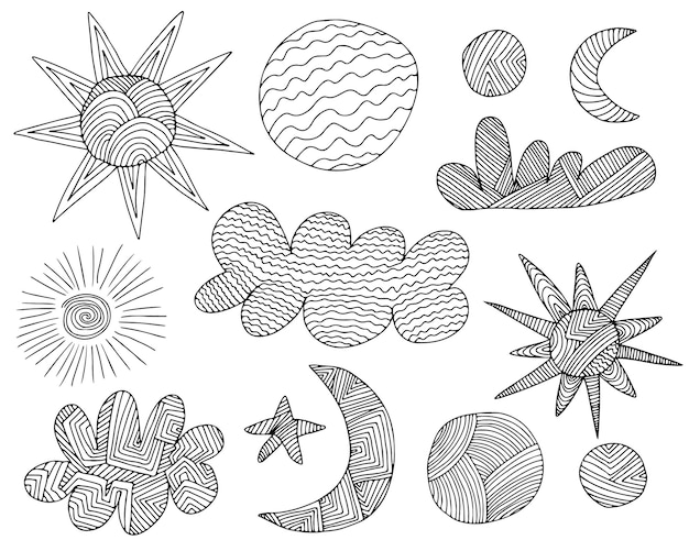 Vector different objects of weather set hand drawn doodle weather elements set