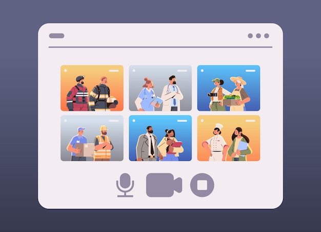 different occupation people discussing during video call diverse workers of various professions and specialists standing together happy labor day celebration concept vector illustration