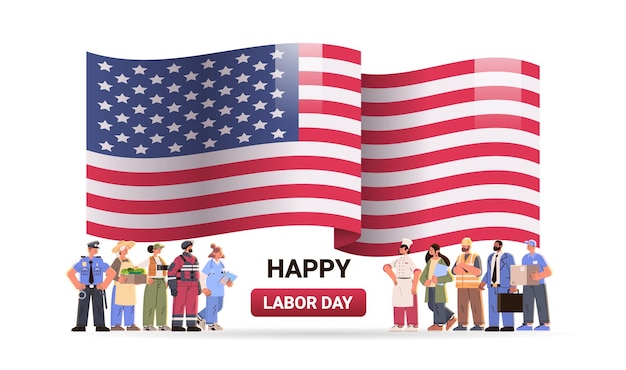 ベクトル アメリカの国旗を持つさまざまな職業の人々 さまざまな職業や専門家の多様な労働者が一緒に立って幸せな労働者の日のお祝いの概念水平ベクトル図