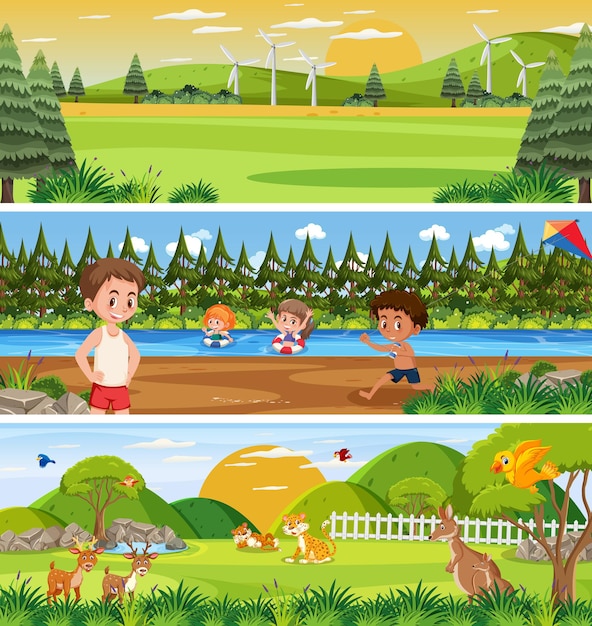 Different panoramic nature landscape set with cartoon character