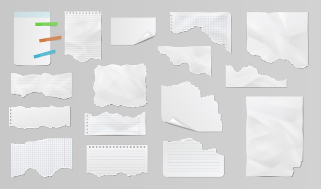 Vector different paper sheets, torn strips, memos and notes. realistic paper scraps with torn edges