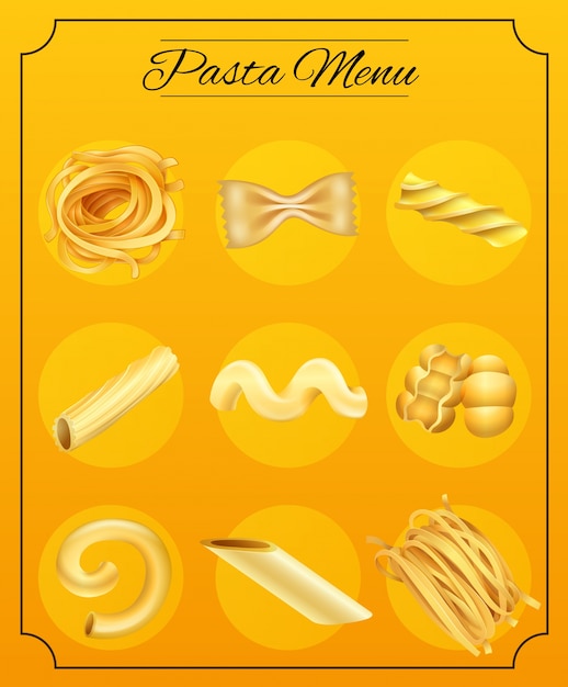 Vettore pasta noodle diversa sul menu