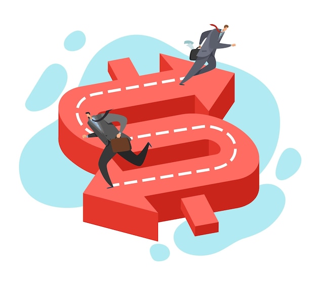 Different path of the same goal Two businessman running to success opposite direction dollar sign various strategies for finding solution men on right road Vector business concept