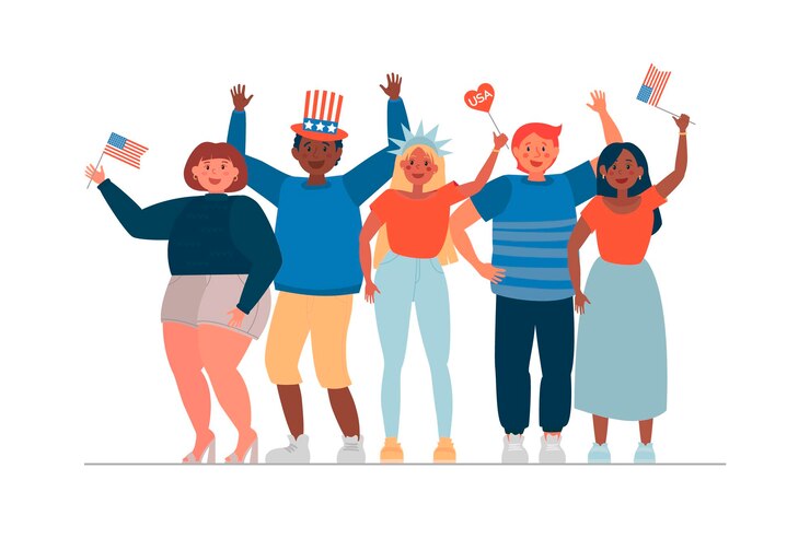 Vector different people celebrate independence day parade with flags flat modern vector illustration
