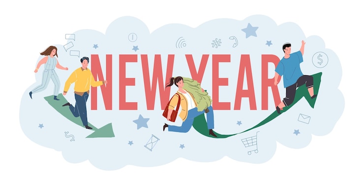 Vector different people character preparing to meet christmas eve and 2022 new year. flat vector poster design with rushing man woman and social media, sale icon
