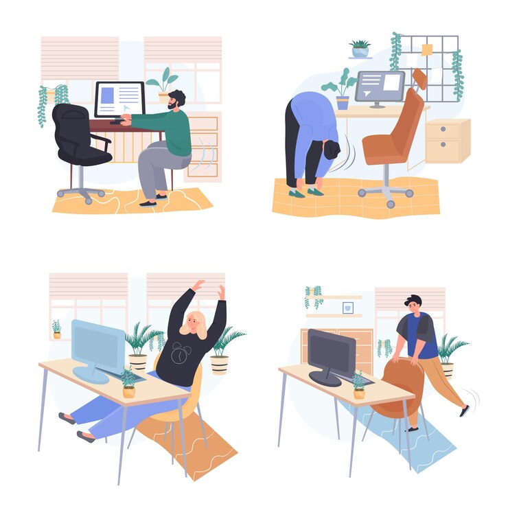 Vector different people exercise in workplace bedroom concept scenes set vector illustration of characters