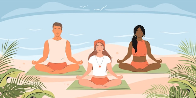 Different People practicing yoga together and meditating on sandy beach