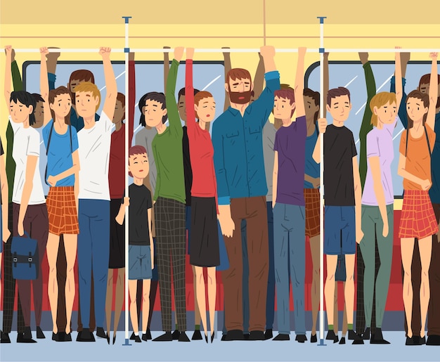 Vector different people standing inside crowded subway passengers using modern city public transport vector
