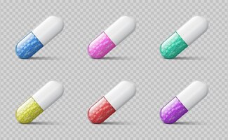 different pills. color medical capsules. realistic 3d medicine drugs with granules of therapeutic substance. vector isolated illustration healthcare pharmacy vitamins tablets on transparent background