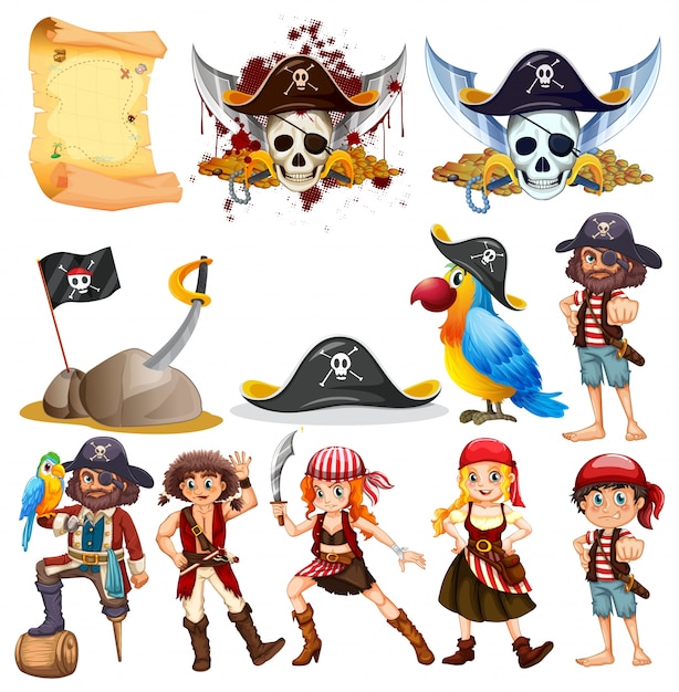 Vector different pirate characters and pirate symbols illustration