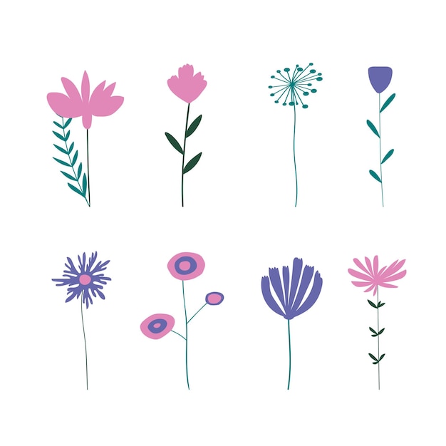 Different plants and flowers in vases. Vector set for floral design.