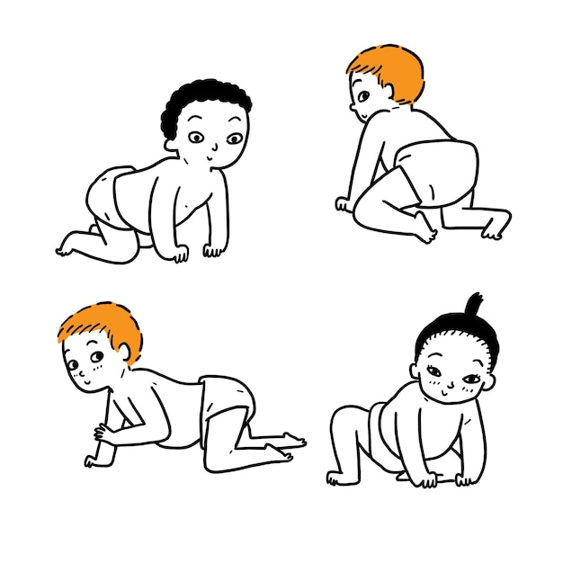 Different poses of children in crawling position