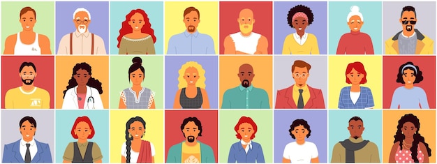 Vector different race age and social range diverse multinational people square colorful avatar set happy smiling humans vector illustration student sportsman businesspeople worker doctor children