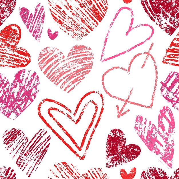 Different red heart seamless pattern oil pastel or wax crayon painting grunge hearts on white