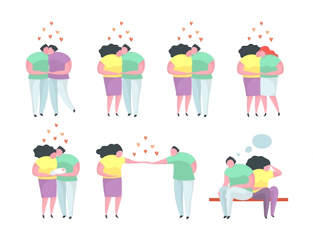 Different relationship dating people characters, hugs, kisses, proposal, gay and lesbian relations. Flat isolated clip art.