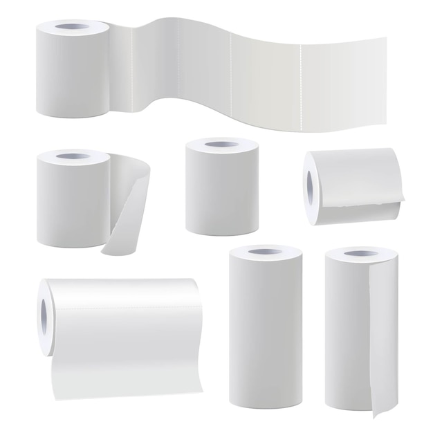 Вектор Разные рулоны чистой туалетной бумаги. набор иллюстраций бумажный рулон для ванной и кухонное полотенце