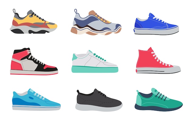 Different running shoes designs vector illustrations set. realistic cartoon drawings of modern sneakers, footwear for fitness isolated on white background. fashion, healthy lifestyle, sports concept