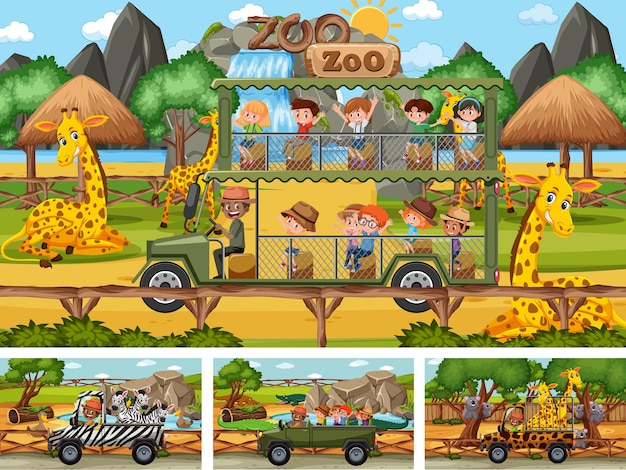 Different safari scenes with animals and kids cartoon character