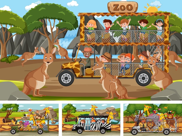 Vettore diverse scene di safari con animali e personaggi dei cartoni animati per bambini