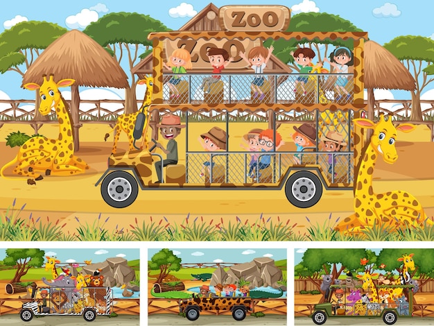 Different safari scenes with animals and kids cartoon character