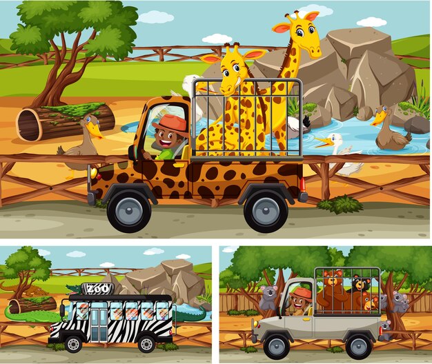Diverse scene di safari con animali e personaggi dei cartoni animati per bambini