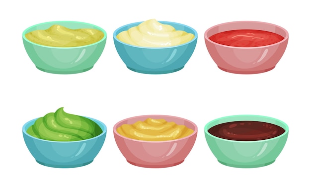 Different sauces vector set spicy treatment in bowls