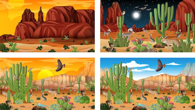 Vector different scenes with desert forest landscape with animals and plants