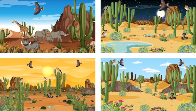 Vector different scenes with desert forest landscape with animals and plants