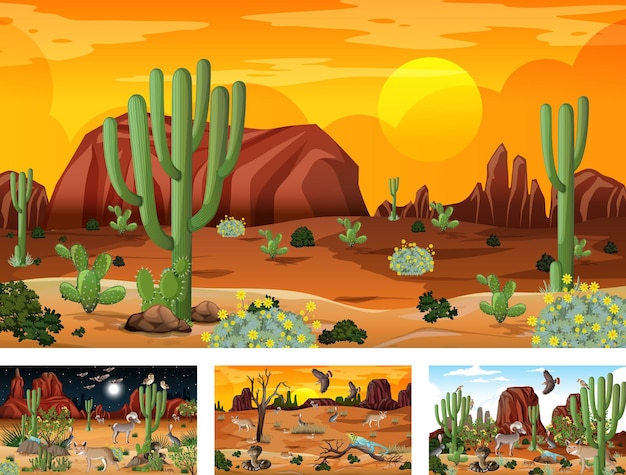 Vector different scenes with desert forest landscape with animals and plants