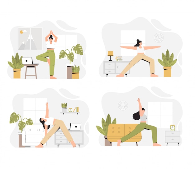 Diverse scene di allenamento yoga, una donna che fa yoga a casa in un salotto.