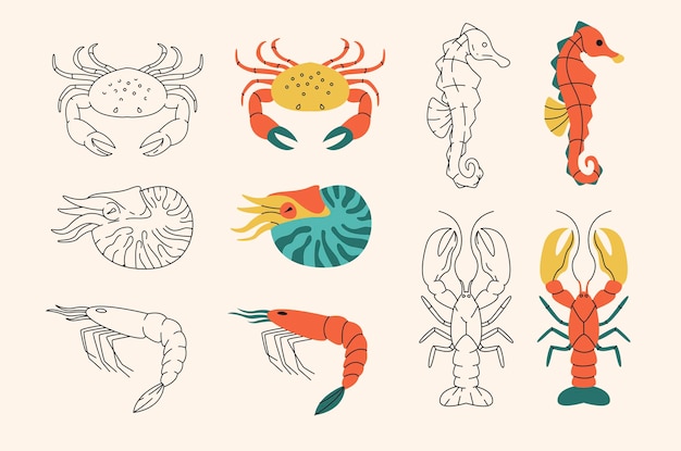 Different seafood  in outline and flat design