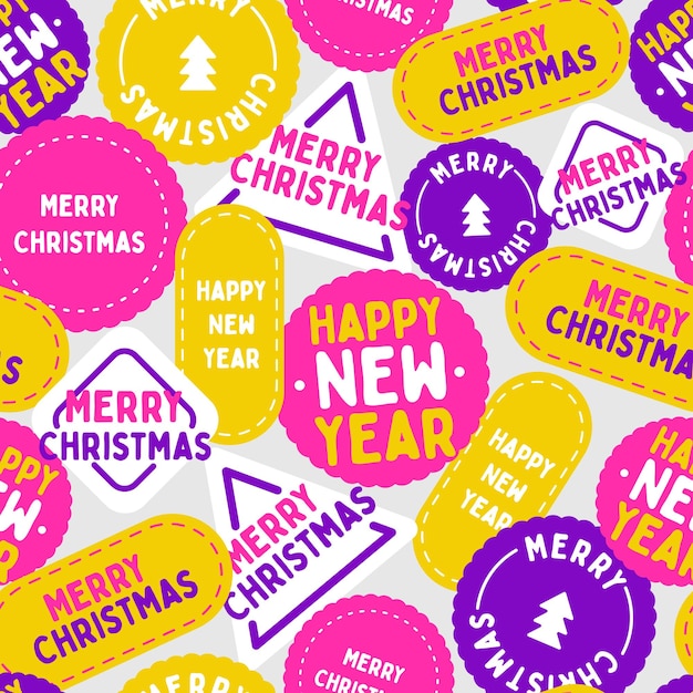 Different shaped labels with christmas text seamless colorful pattern