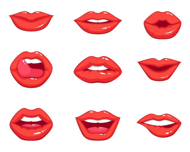 Vector different shapes of female sexy red lips. vector illustrations in cartoon style