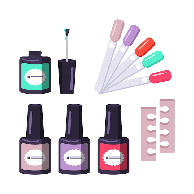 Vector different shapes of nail polish bottle, divider and colour picker. manicure tools.