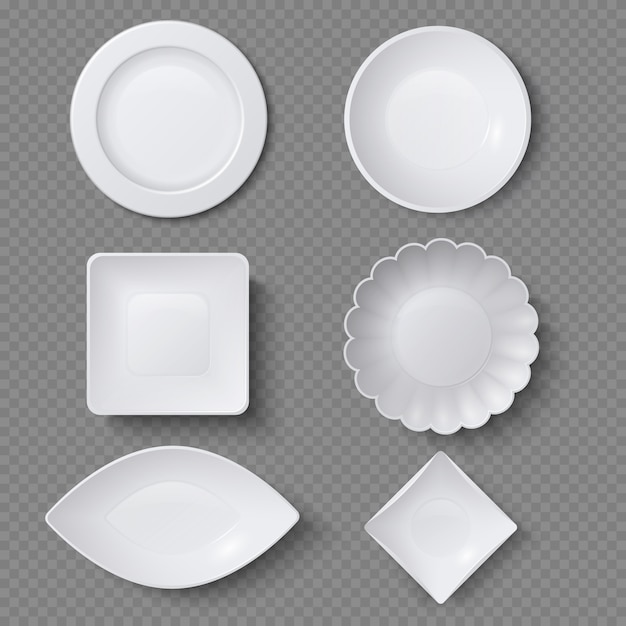 Different shapes of realistic food plates, dishes and bowls vector set. plate dish for restaurant, empty utensil and dishware illustration