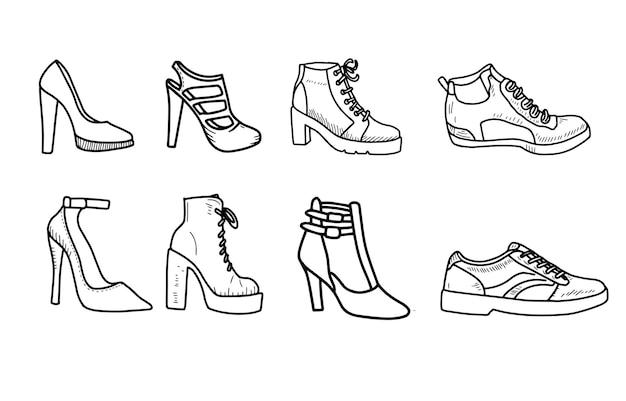 Vettore diversi contorni di scarpe tacchi alti stivali da cowboy stivali da trekking sneakers moda per autunno seaso