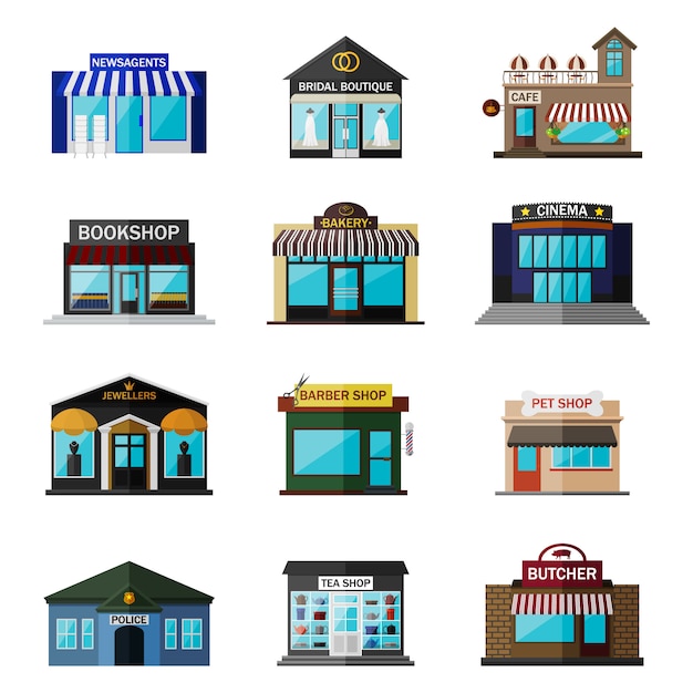 Vector different shops, buildings and stores flat icon set isolated on white. includes newsagents, bridal boutique, cafe, bookshop, bakery, cinema, jewellers, barber shop, pet shop, police, tea shop, butcher