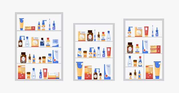 ベクトル 医療製品の棚の異なるサイズベクトル平面イラスト