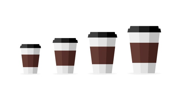 Different sizes paper coffee cups - small, medium, large and extra large. vector illustration