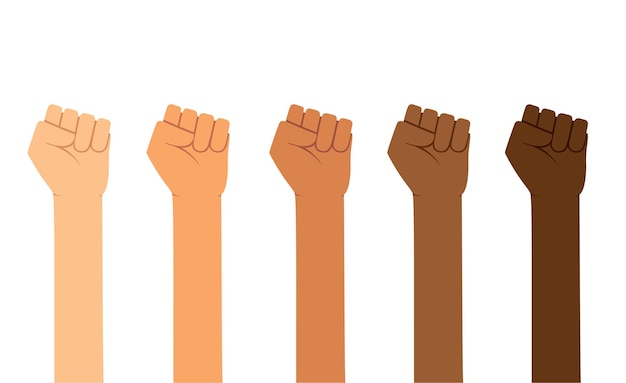 Different skin colors fist hands rise up. Empowering, humans right