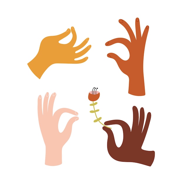 Mani di diversi colori della pelle set di vettori piatti disegnati a mano poster del concetto di uguaglianza culturale e di razza