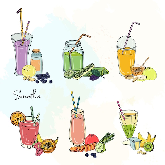 different smoothie set. collection of various summer drinks with fruits, berries, vegetables. colorful beverage in glassful, cups, banks with straw. hand drawn vector illustration.