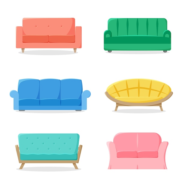 Different sofas set couches collection colorful furniture in flat style vector illustration