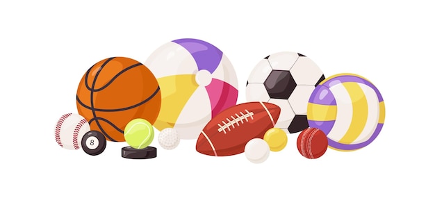 Vettore diversi palloni sportivi. attrezzature per pallavolo, calcetto, basket, calcio, tennis, rugby, baseball e biliardo. oggettistica in pelle e gomma per attività. illustrazione vettoriale piatta isolata su bianco