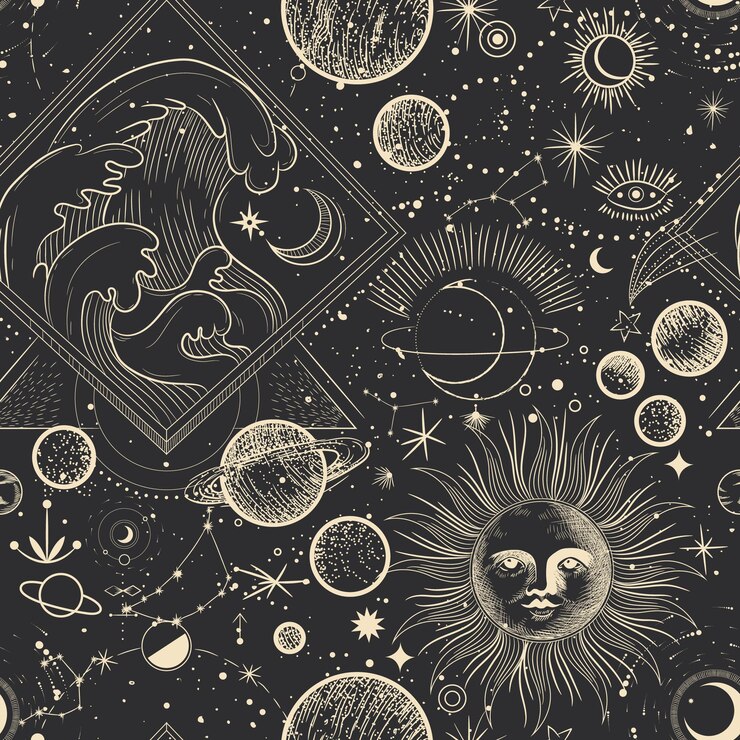 Vector different stages of moonlight activity in vintage engraving style seamless pattern