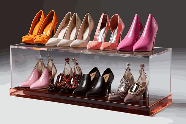 Vector different stylish womens shoes on shelving unit