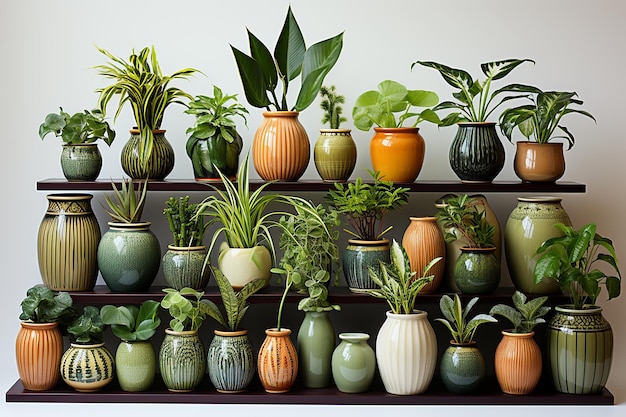 木製の棚の上に屋内にあるポットの異なる果実の植物